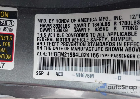 2004 Honda Civic Ex z USA, uszkodzony, nr VIN 1HGEM21984L024166